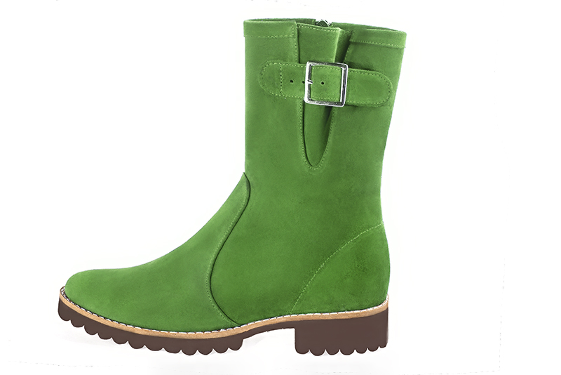 Grass green women's ankle boots with buckles on the sides. Round toe. Flat rubber soles. Profile view - Florence KOOIJMAN